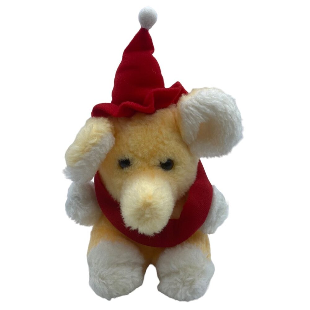 Vtg Elephant Plush Toy Christmas Red Hat Scarf Soft Stuffed Animal‎ Small